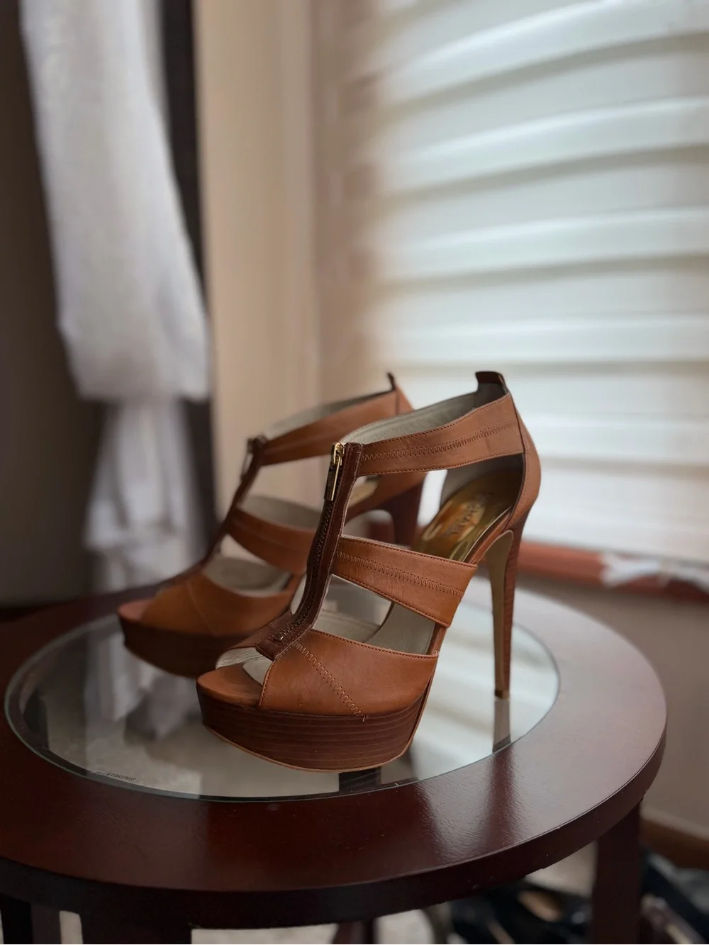 Michael Kors Brown Leather Strappy Platform Heels with Front Zip Detail